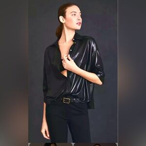 Anthropologie Shiny Black Button‎ Down Shirt XS EUC